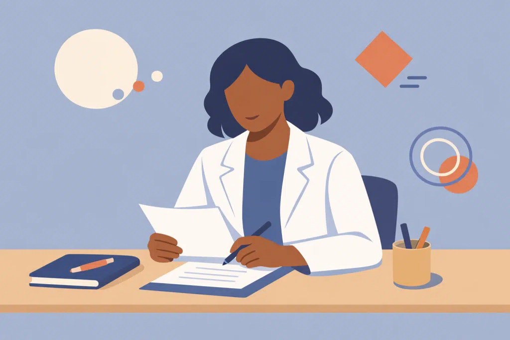 Illustrated clinician in a white lab coat writing a neurodevelopmental assessment report at her desk, surrounded by abstract shapes, representing clinical documentation training at MindfulU Institute