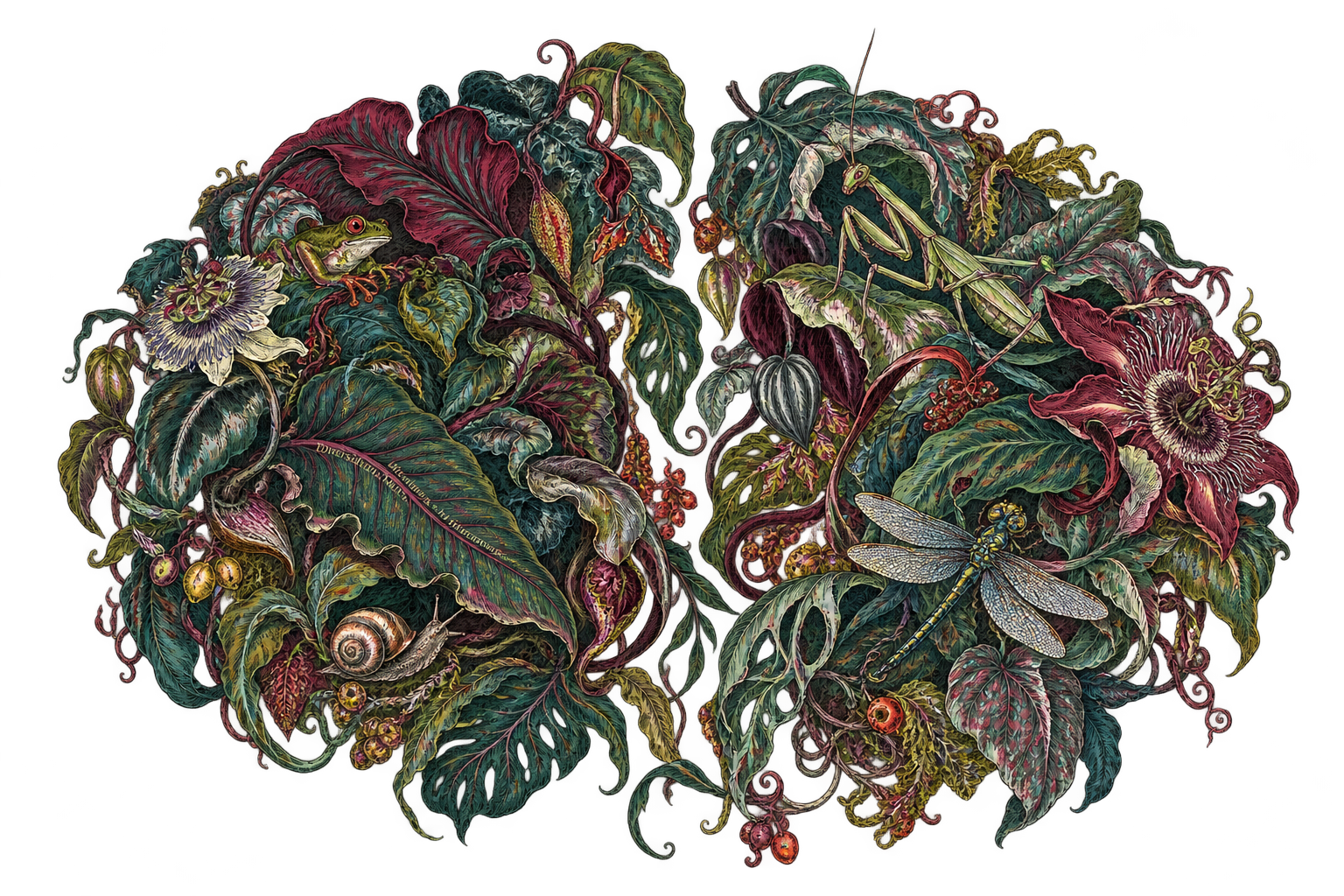 Illustration of two rounded masses of dense jungle foliage side by side, suggesting the two halves of a mind. A tree frog, a praying mantis, a dragonfly, and a snail are tucked among large leaves and passionflowers.