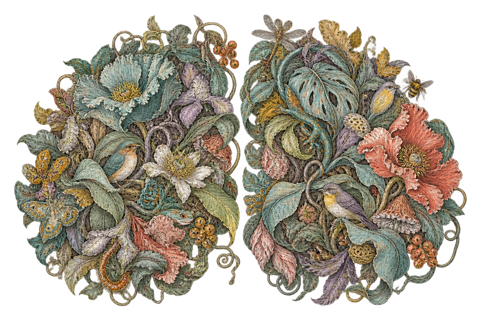 Illustration of two rounded masses of dense, hand-drawn plants side by side, suggesting the two halves of a mind. Songbirds, a dragonfly, a bee, a moth, and a small lizard are tucked among large blooms and leaves in soft teal, coral, lilac, and gold.